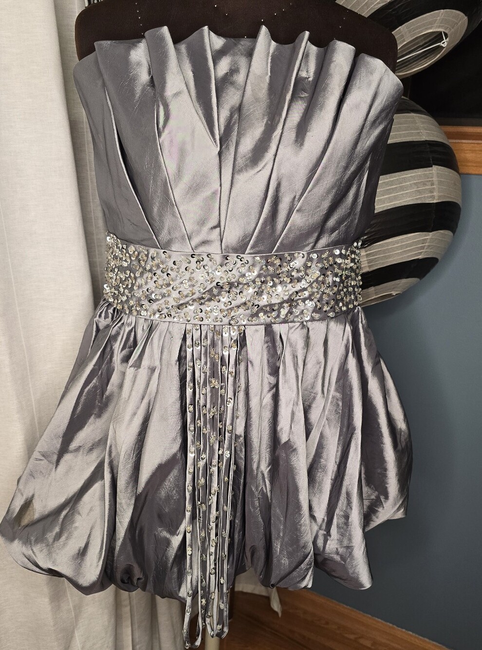 Silver Strapless Sequined Waist Party Dress
